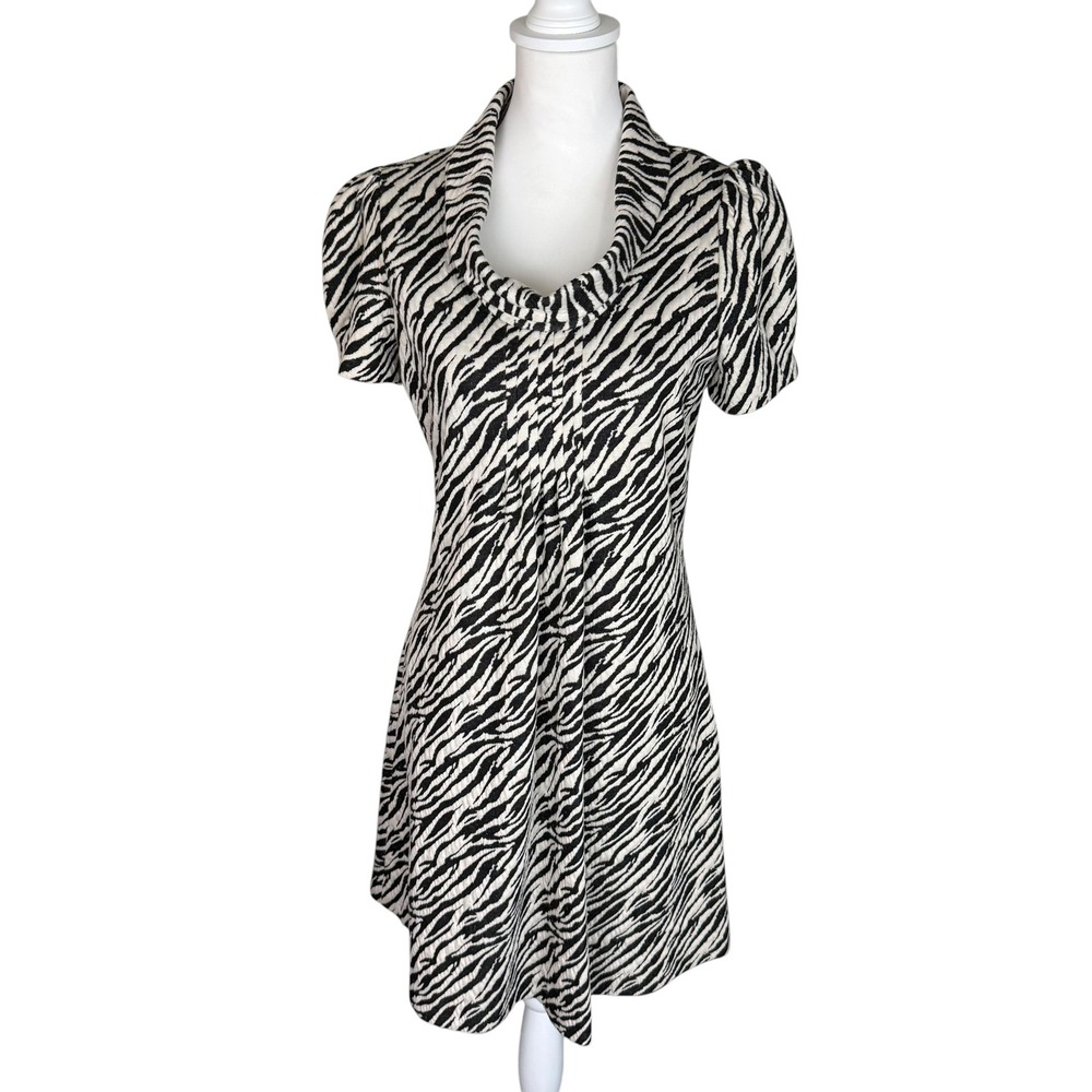 Calvin Klein Zebra Print Cowl Neck Puff Sleeve Sheath Dress Black White Size 10